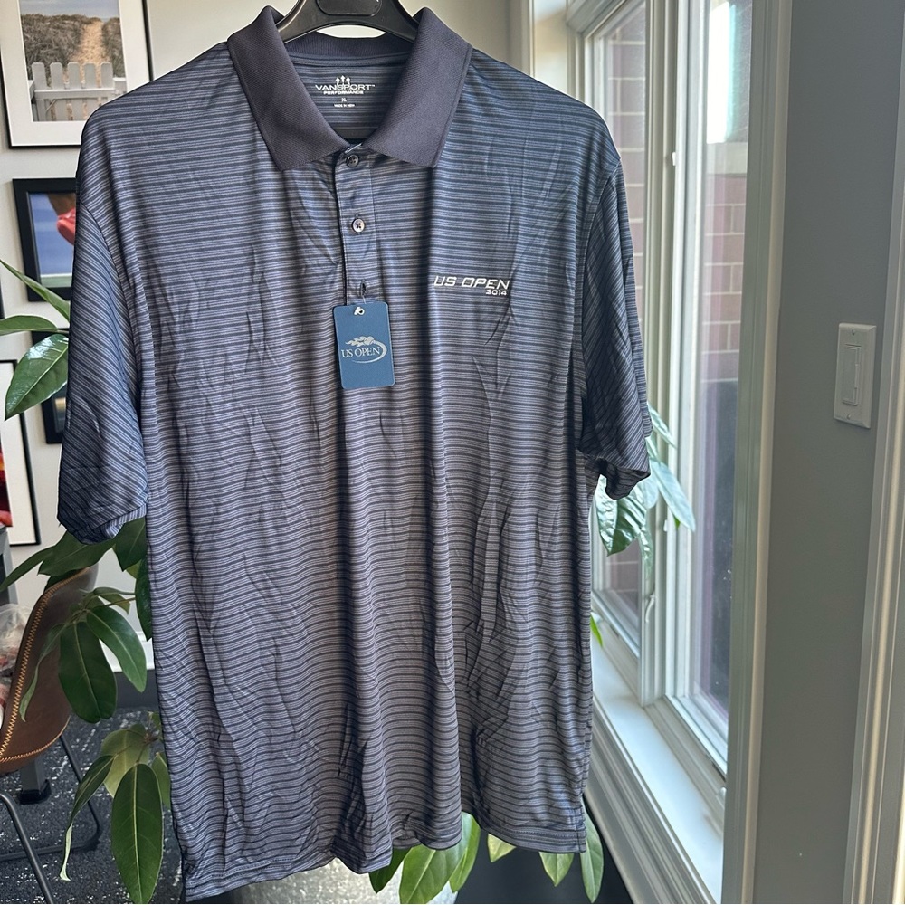 NEW Vansport Performance Men’s Polo 2014 US Open Tennis - Gray w/Stripes Size XL